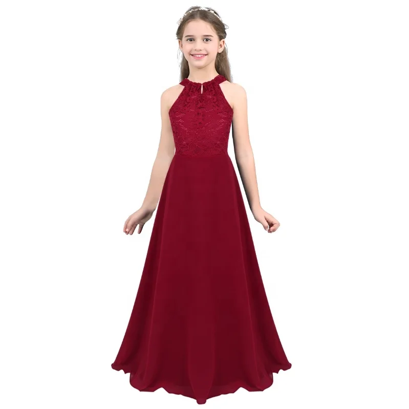 

Kids Girls Sleeveless O-neck Floral Lace Cutout Back Flower Girl chiffon Formal Dress Long Chiffon Evening Party Dress