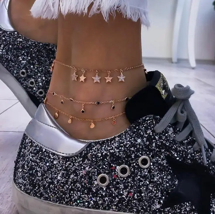 

Shangjie OEM tobillera Boho 2021 Women Wholesale Summer Anklet Jewelry Multilayer Charms Dainty Anklets Set Star Anklet, Gold