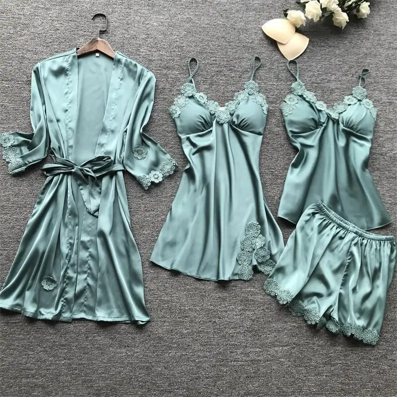 

Custom Lago High quality 4Pcs Sexy Pajamas for Women Silky Sets Silk Satins Lace winter pajamas night wear sexy nighty