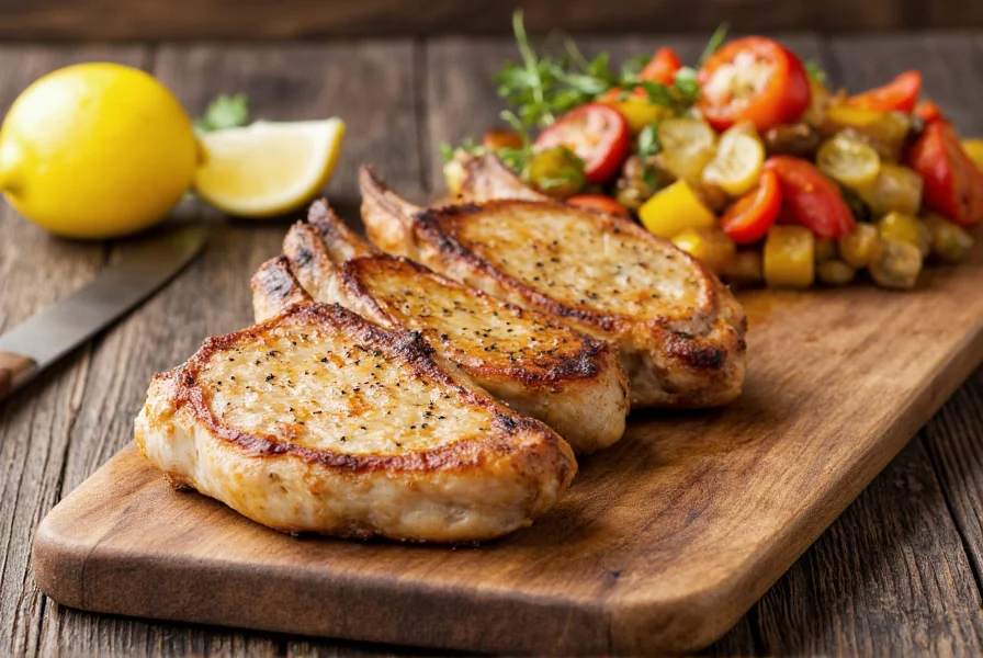 Lemon pepper pork chops served with roasted vegetables and lemon wedges on rustic wooden table