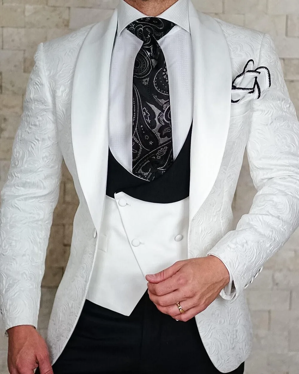

HD191 Men Suits White Groom Tuxedos Shawl Satin Lapel Groomsmen Wedding Best Man ( Jacket+Pants+Vest), Per the request