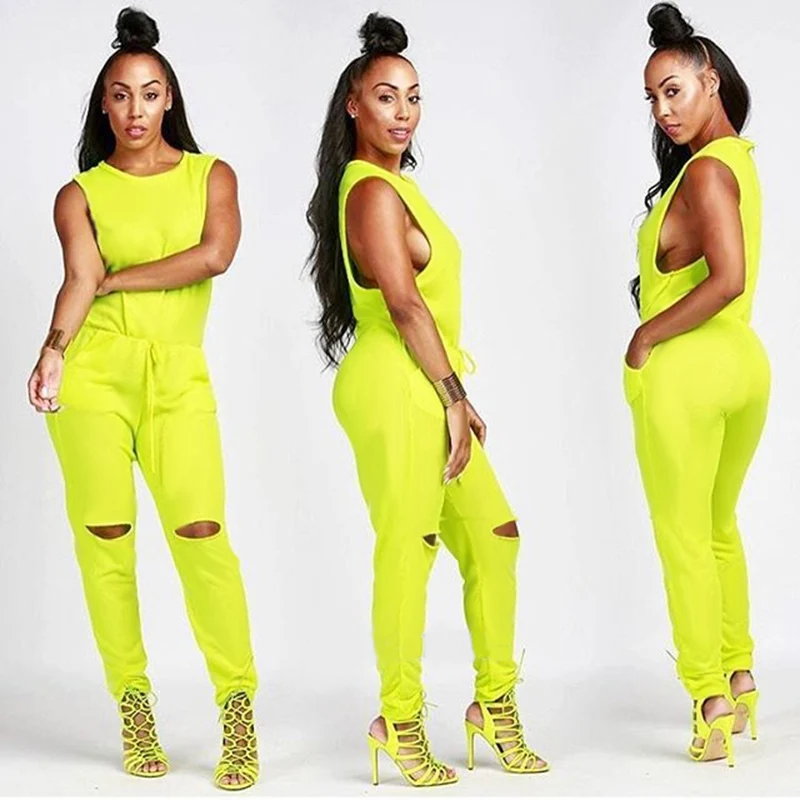 

sleeveless round neck jumpsuit solid color ripped ladies jumpsuit for everyday wear
