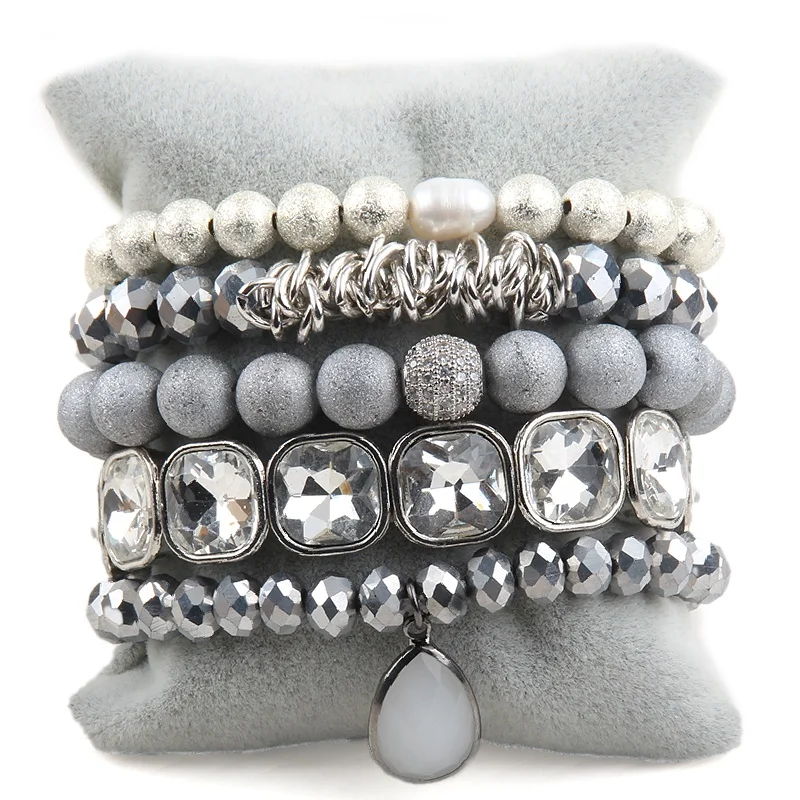 

Fashion Bead Silver Black Natural Stone Crystal Glass Druzy Pearl Bracelet Peace Drop Tassel Pendant Stack Bracelet Set