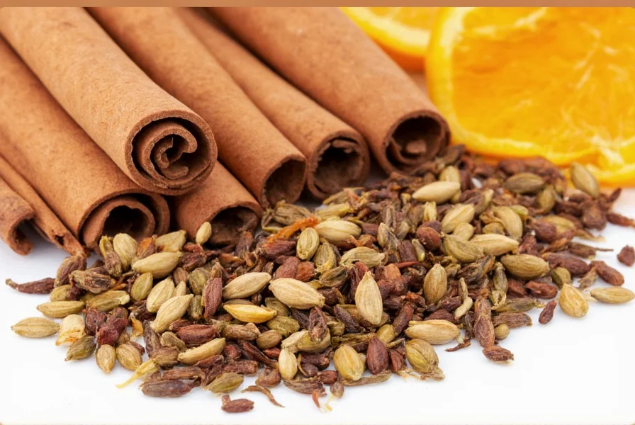 Close-up photograph of Private Selection Sweet Cinnamon Spice Herbal Tea ingredients including cinnamon sticks, cardamom pods, and dried orange peel arranged artfully