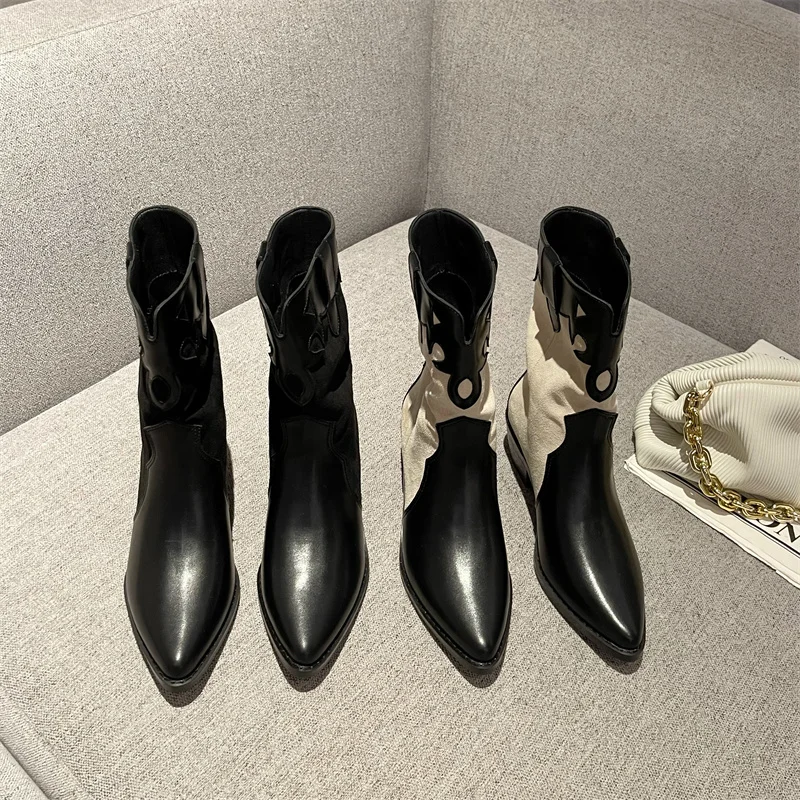 

Women's Ankle Boots Stitching Mixed Color Female Shoes Pointed Toe Square Heels Boots Platform Non-slip Short Ankle Boots 2022