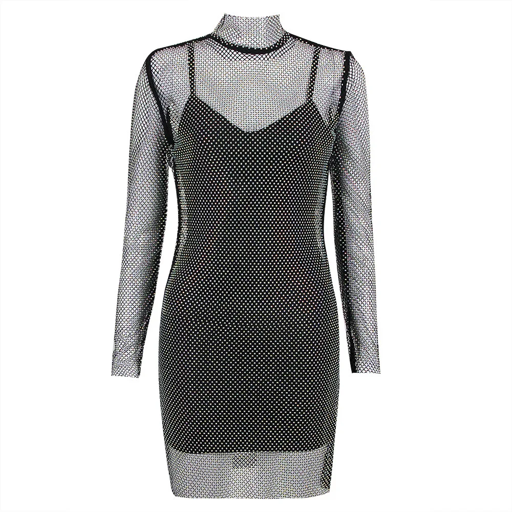 

New European and American Women's Sets Long Sleeves Mesh Diamond Round Neck Sexy Dress Mesh Set Rhinestone Dress