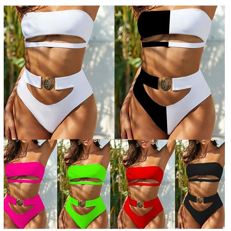 

FREE SAMPLE JHTH 2021 new arrivals solid color strapless patchwork bikini sets women swimsuit set