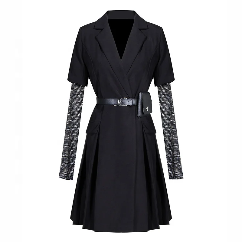 

2020 Spring New Female Waist Collar Rhinestone Long Sleeve Dress Casual Skirt Blazer Dresses, Black
