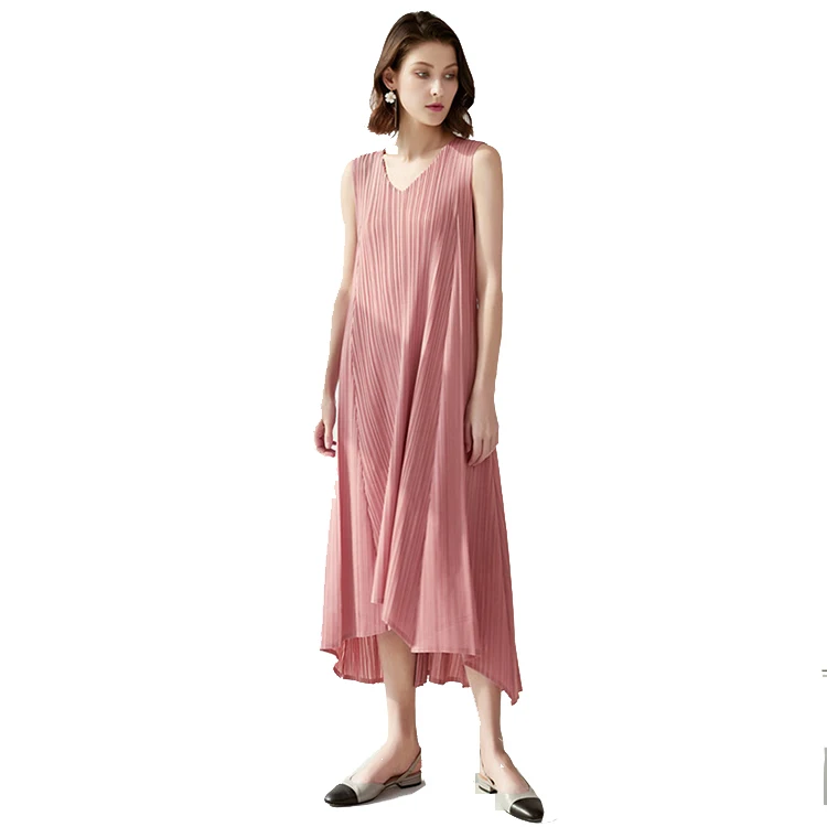 

2022 fashion summer women Pleated big swing irregular style solid color Elegant V-neck Sleeveless Casual midi dresses for lady, Black pink green