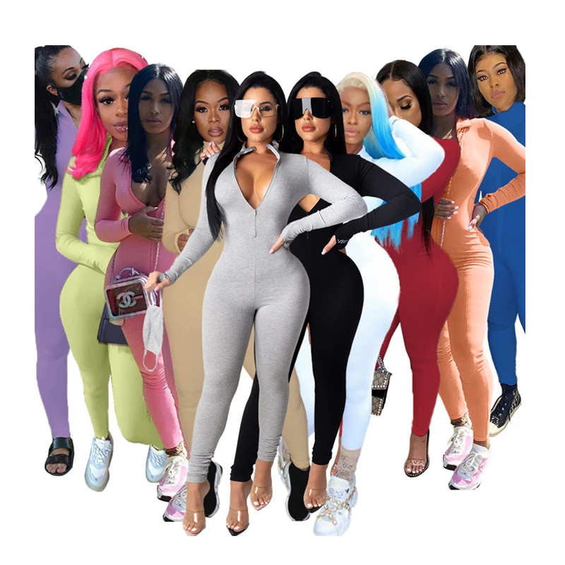 

174 Women Fashion Casual Rompers Ladies Jumpsuits Zipper V Neck Long Sleeve Bodycon Jumpsuits, Black,white,gray,pink,purple,orange,yellow,khaki,blue,wine