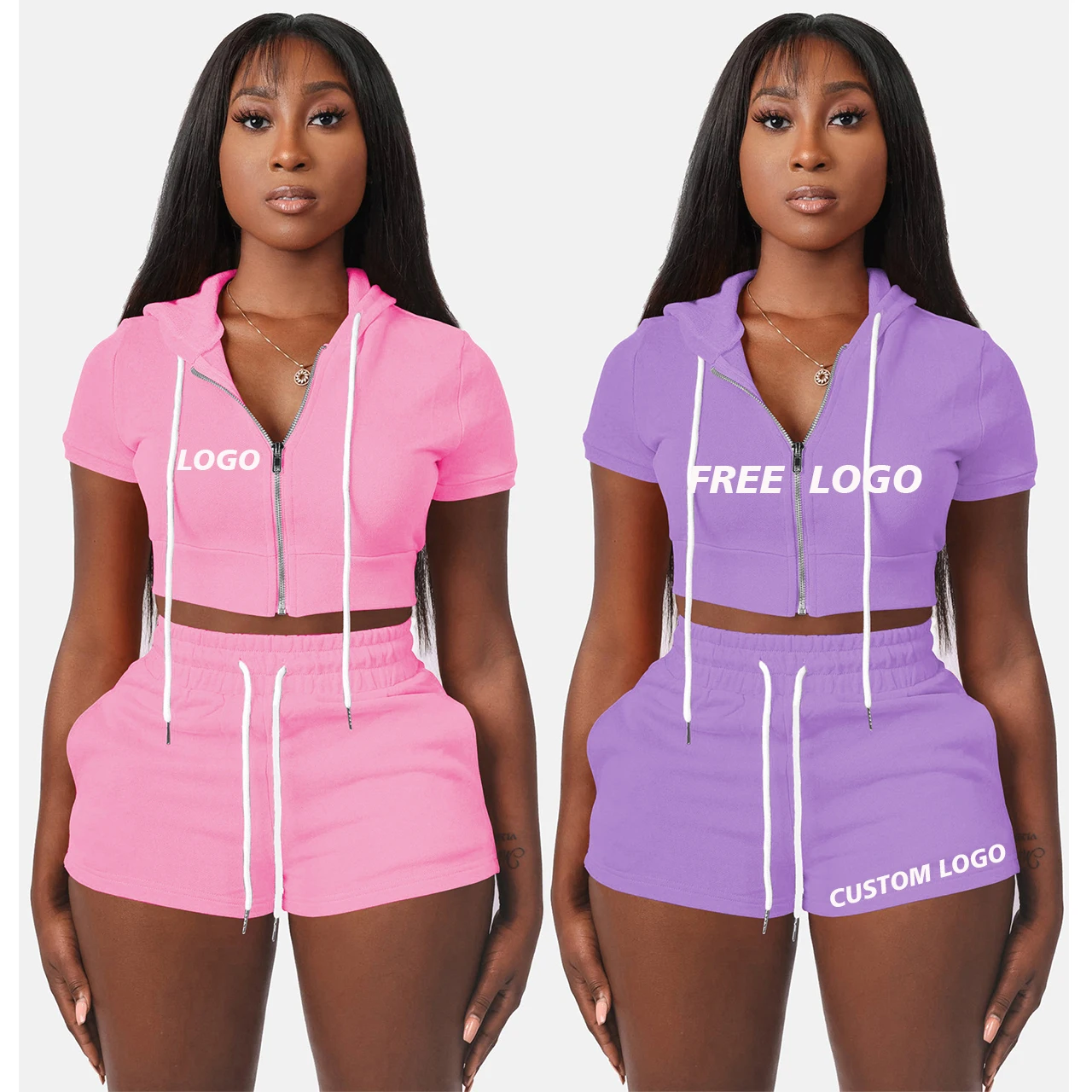 

Free Shipping free custom logo tags 100% cotton 2 two piece women short set clothing, Color avaliable