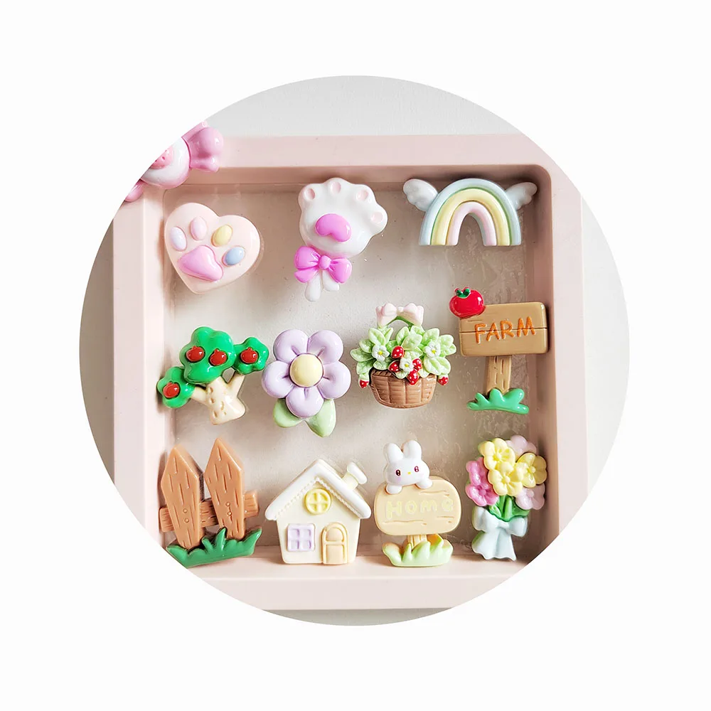 Farm Tree Flower Fence Resin Flat Back Cabochon Art Supply Home Decoration Charm Craft DIY Accessories