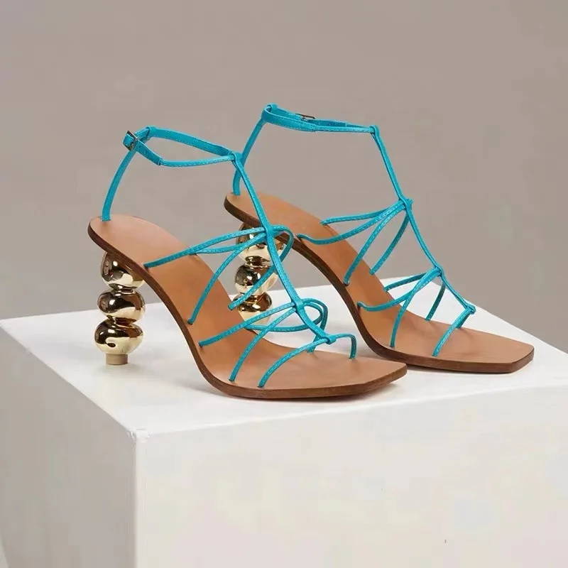

Simple Style Cross Strappy Square Open Toe Blue Black White Brown High Heel Sandals Strange Metal Ball Heel Pumps Dress Shoes, Black white blue brown