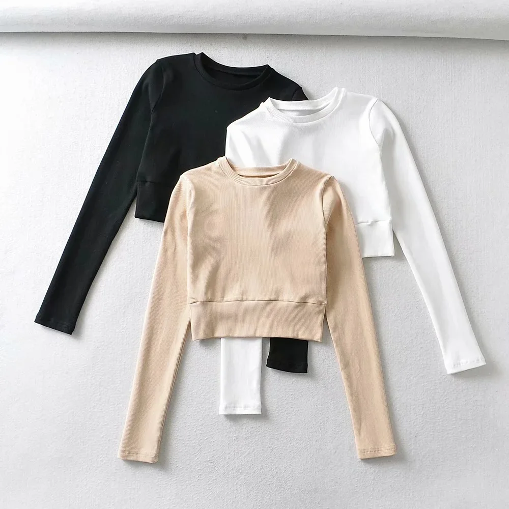 

B54298A 2021 Spring new women fashion pure color casual long sleeve t-shirt, Black/khaki/white