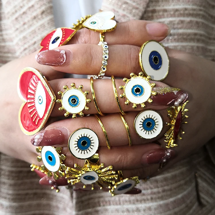 

Gold red heart evil eye adjustable ring women jewelry, Picture
