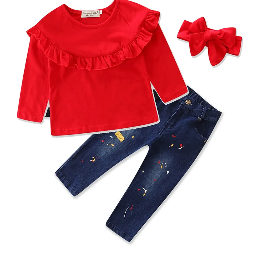 

Children's autumn girls casual red long sleeve top hair band jeans kids three pieces set clothes fall clothes