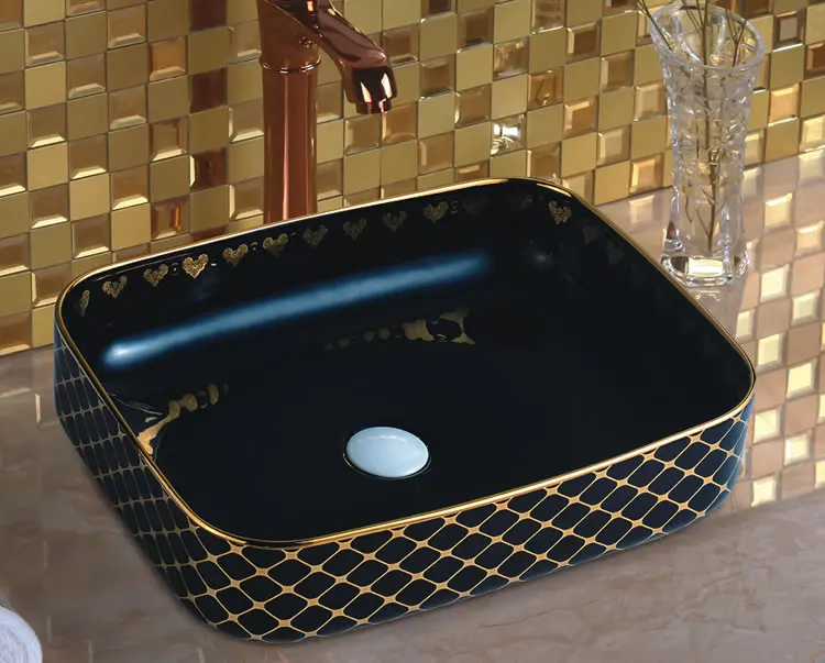 India Saudi Sanitary Ware Lavabo Black Gold Wash Basin Square Countertop Ceramic Designs Bathroom Sinks