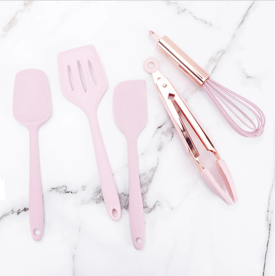 

5 Pieces Silicone backing and cooking tools set in pink with rose gold plating for kids, Customized