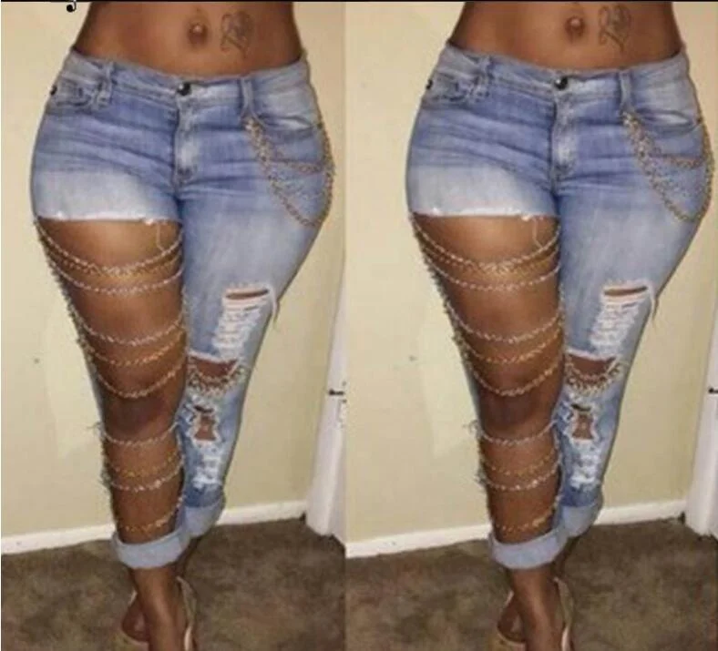 

Women Clothing Summer Fashion Women Sexy Cutout Long Style Denim with Chain Decoration, White/black/navy/light blue