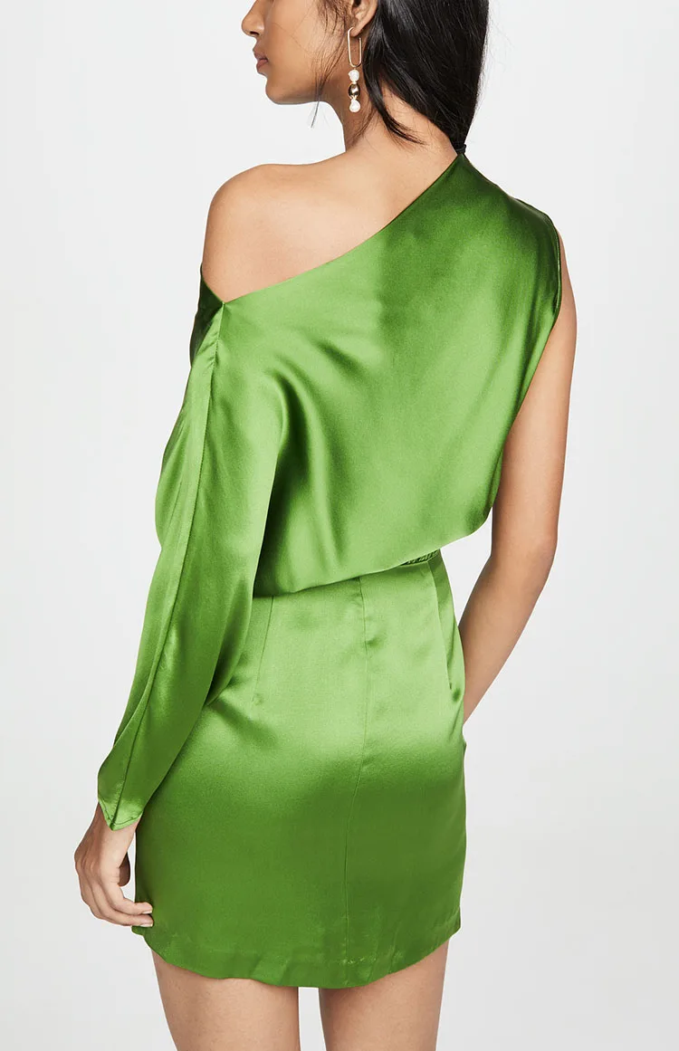 2019 批发秋季缎派对连衣裙别致的绿色丝绸喜欢妇女与一个肩膀长袖