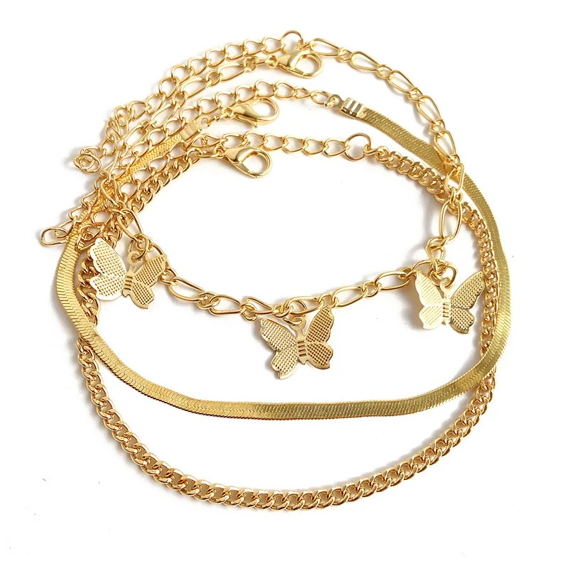 

Summer jewelry Trendy Multilayer Butterfly Anklet Snake Chain Ankle Bracelet Fashion Gold Plated Anklets Women