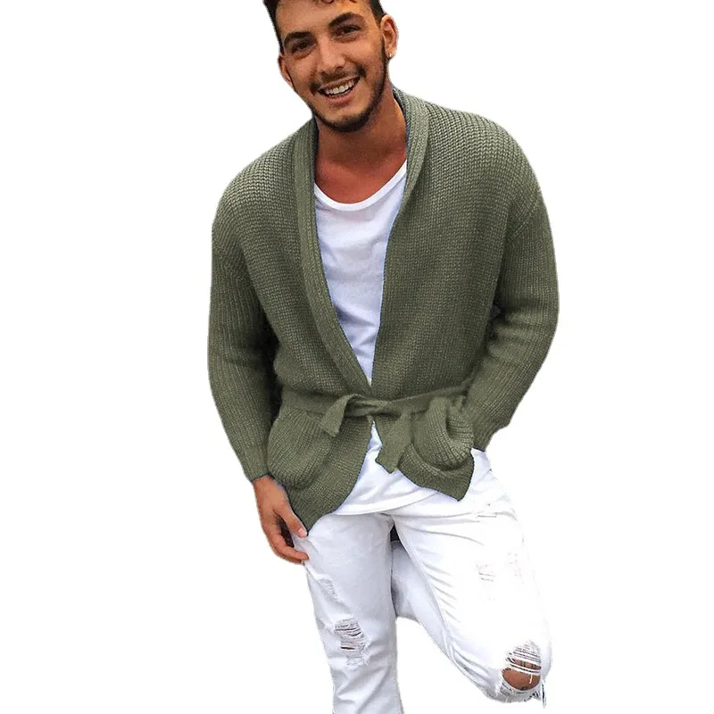 

Casual Cardigan Sweater For Men Turn-Down Collar 2021 New High Quality Acrylic Wholesale Urban Style Belt Knitted Cardigan