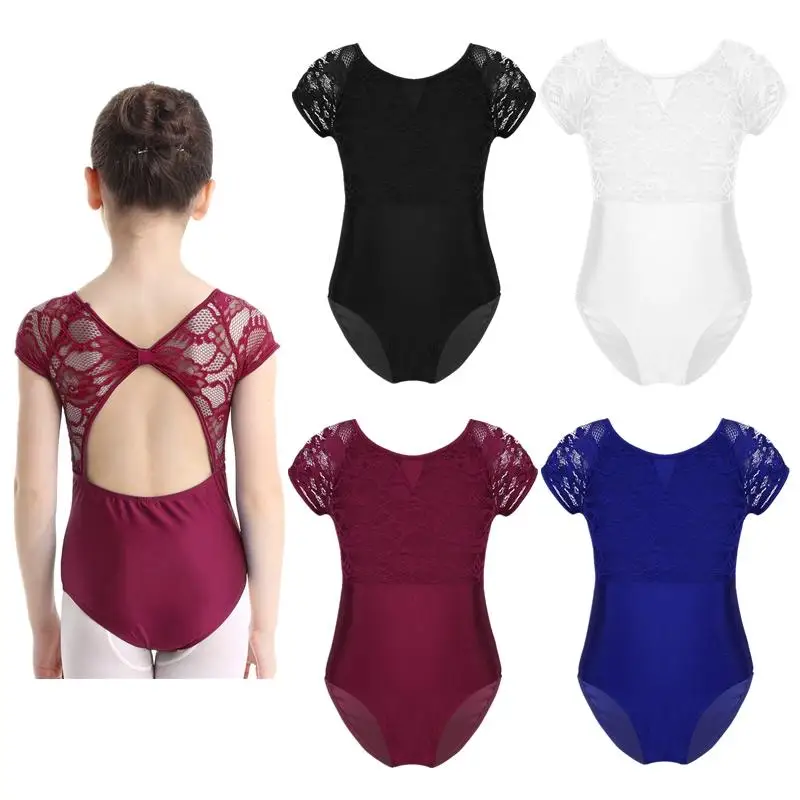 

New Arrived Short Sleeves Gymnastics Leotard Girls Floral Lace Cutout Back Ballet Training Clothing