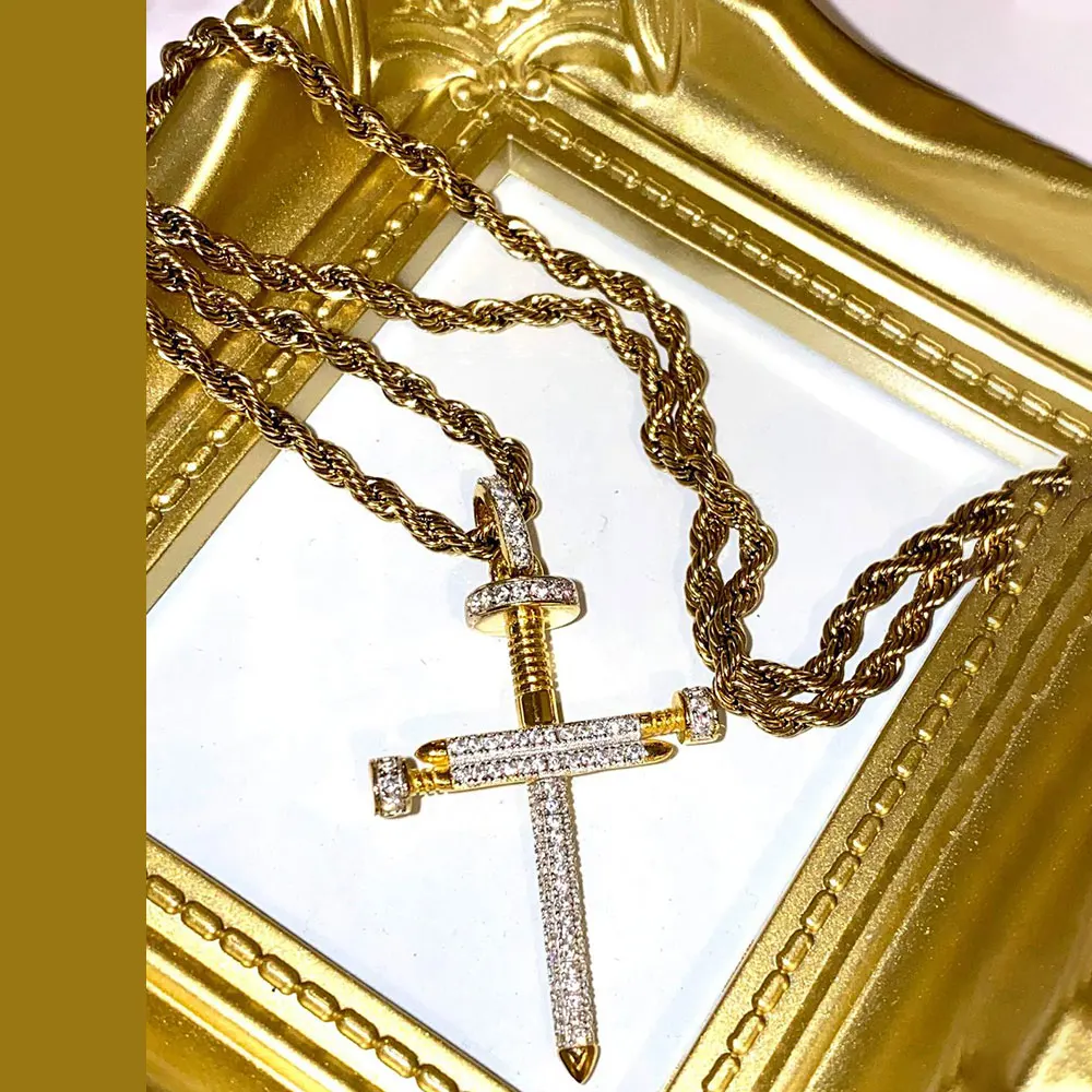 

50% Discount Nail Shape Cross Hip Hop Jewelry 925 Sterling Silver Pave Diamond 14k Gold Plating Iced Out Cross Pendant