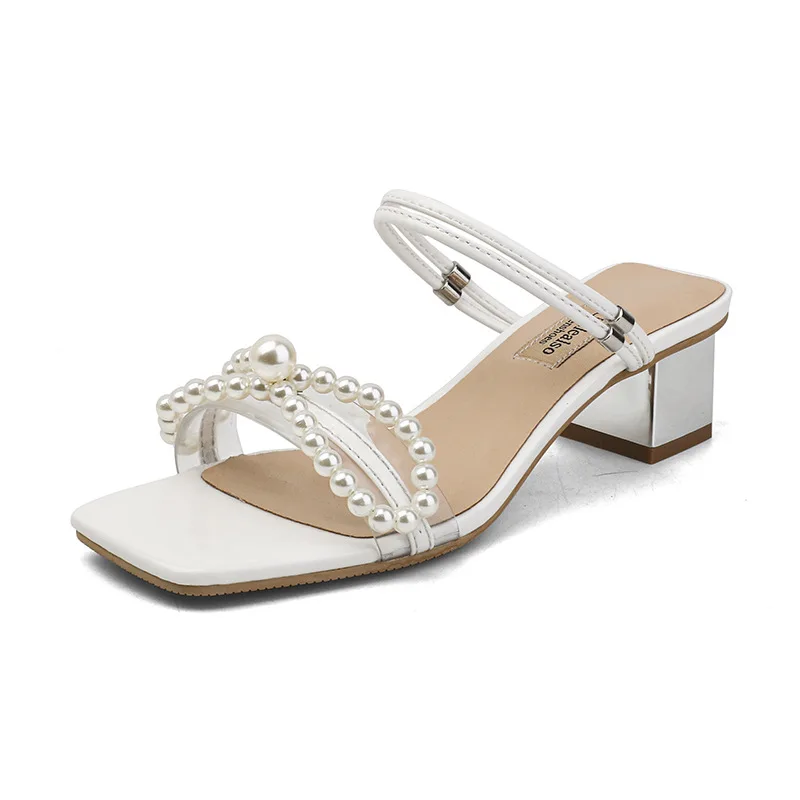 

Ladies Summer Fashion Sandals Square Toe Open Toe Pearl Bow Ankle Strap Ladies Block Heel Sandals