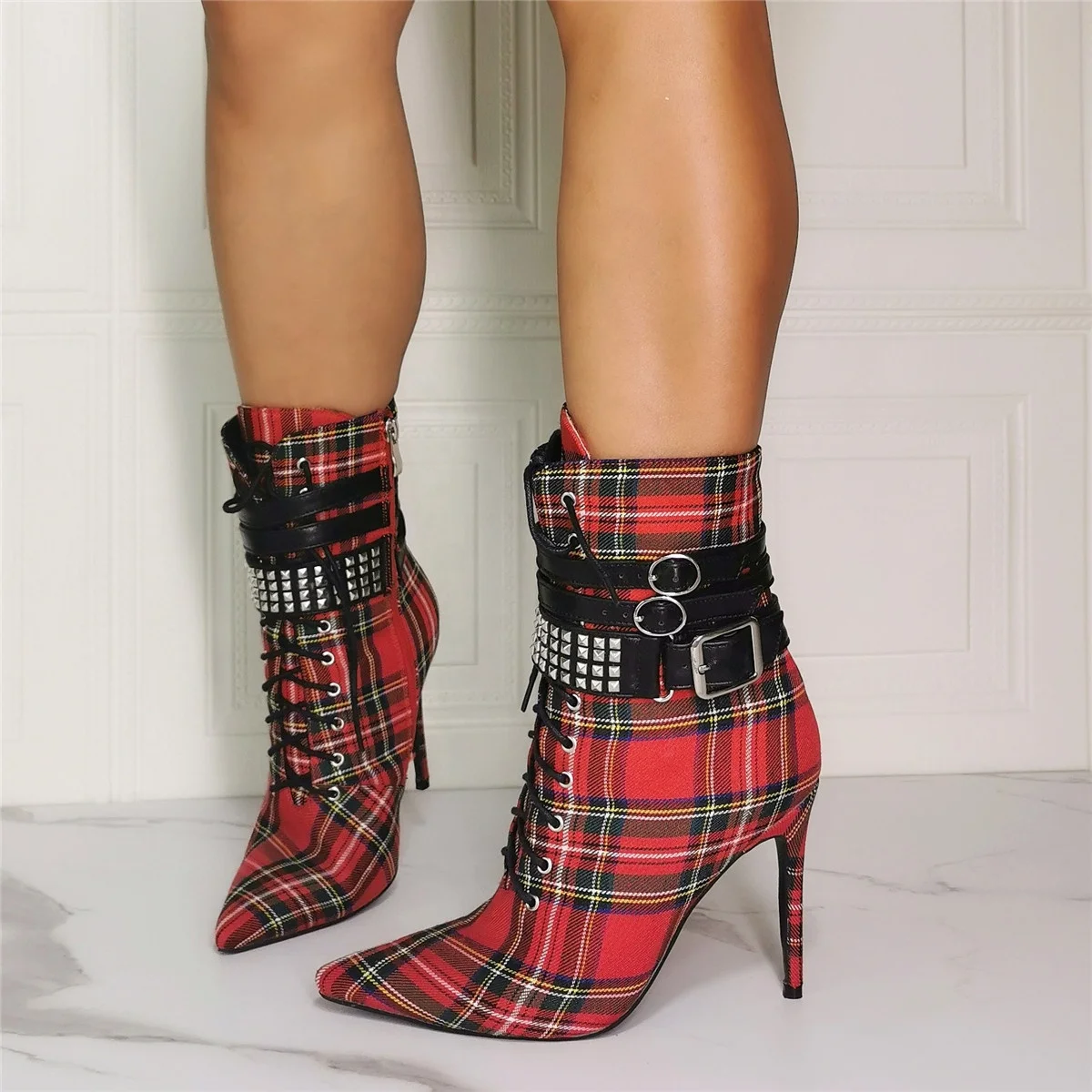 

Big Size 47 New Arrivals Plaid Pattern Ankle Buckle Strap Pointed Toe Women Ankle Boots Thin High Heel Short Booties For Ladies, Red