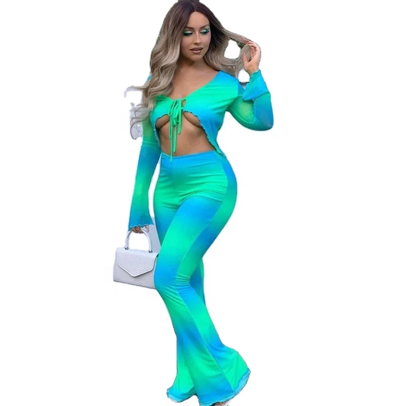 

Fashion Vacation Long Sleeve Shirt Bell Bottom Pants Birthday Outfits For Women 2021