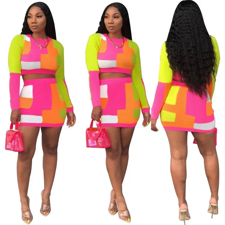 09AF364 wholesale fashion contrast color print crop top  Hot Shorts 2 Piece Pants/Skirts Sets Women