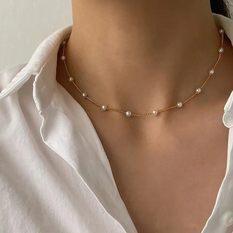 

Collier Pour Femmes Elegant Gold Plated Neck Chain Necklace Women Fine Jewelry Round White Pearl Choker Necklace