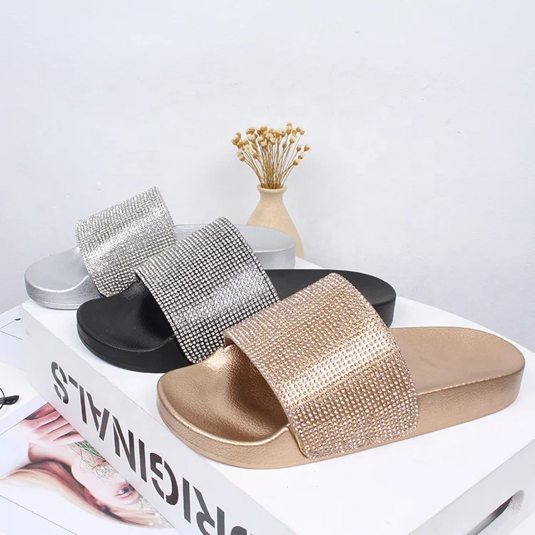 

Fancy Women Custom Logo Brand Shinny Rhinestone PU Slippers Diamond Slides Flat Slippers for Girls, As request