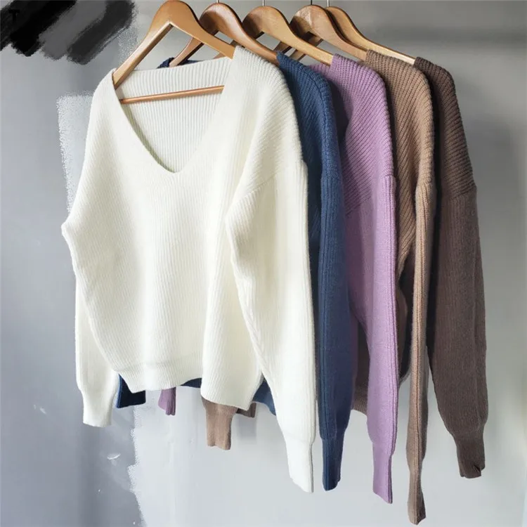

2021 Fall Woman Sweater sexy loose deep v-neck one shoulder sweater white knitter tops Korean Winter Clothes, As picture