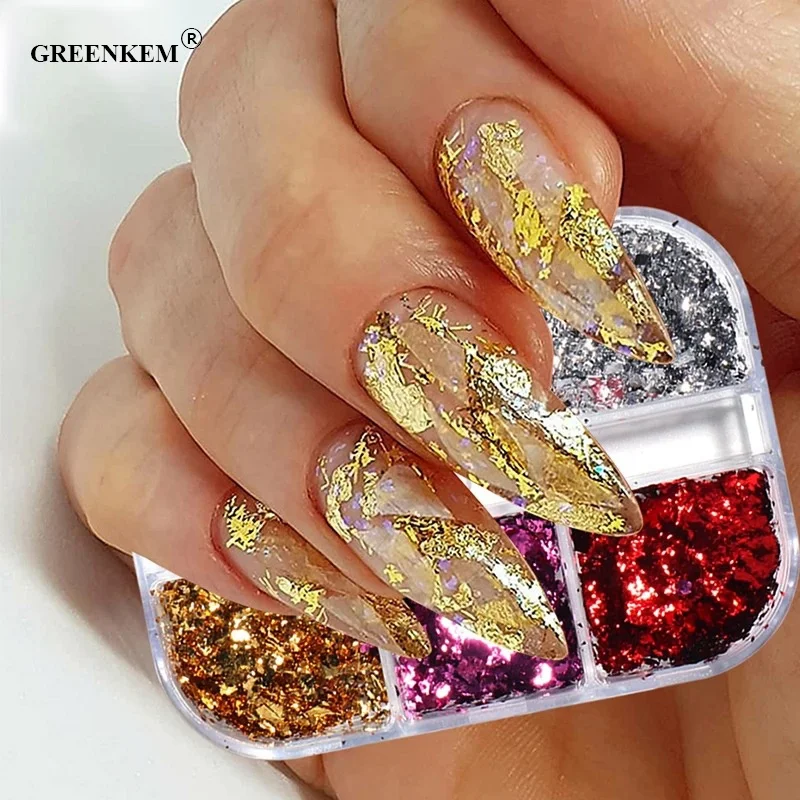 

6 grid Gold Foils Luxury Sequins for Nail Design 2021 Irregular Mirror Nail Glitter Flakes Gel Polish Designer Nail Foil