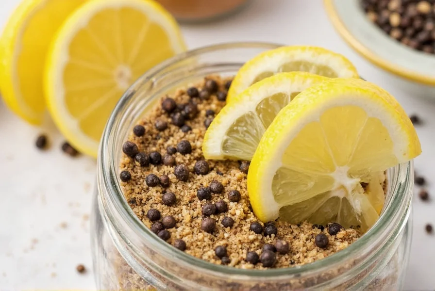 Close-up of homemade lemon and pepper seasoning in glass jar with lemon slices and black peppercorns