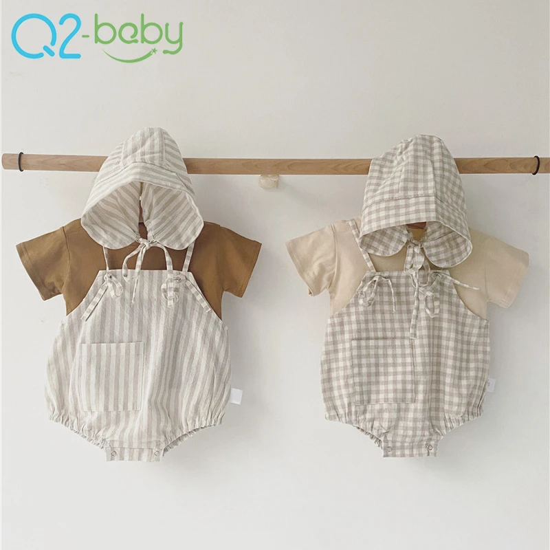 

Striped short-sleeved straps baby jumpsuits two-piece baby girl boutique clothing sets 3595, Lattice, stripe