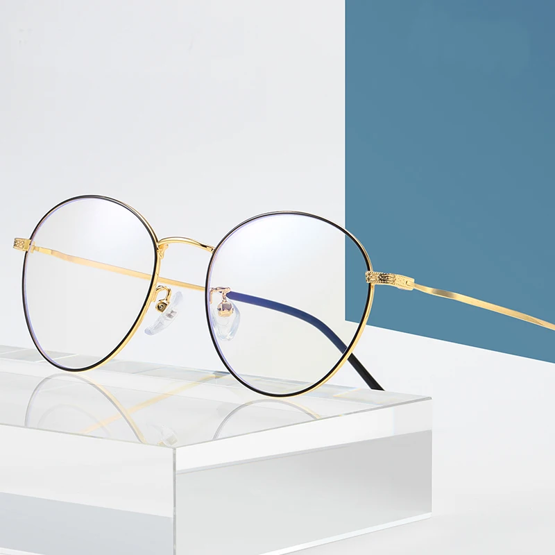 

New retro round art fashion metal Optical frame / flat light mirror blue light blocking glasses for men and women