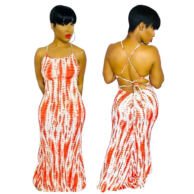 

10413-MX84 sexy backless tie dye long dresses women sehe fashion