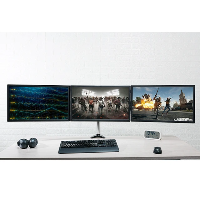 
Black triple monitor adjustable desk mount 3 monitor stand fits 15-27 inch computer screens 