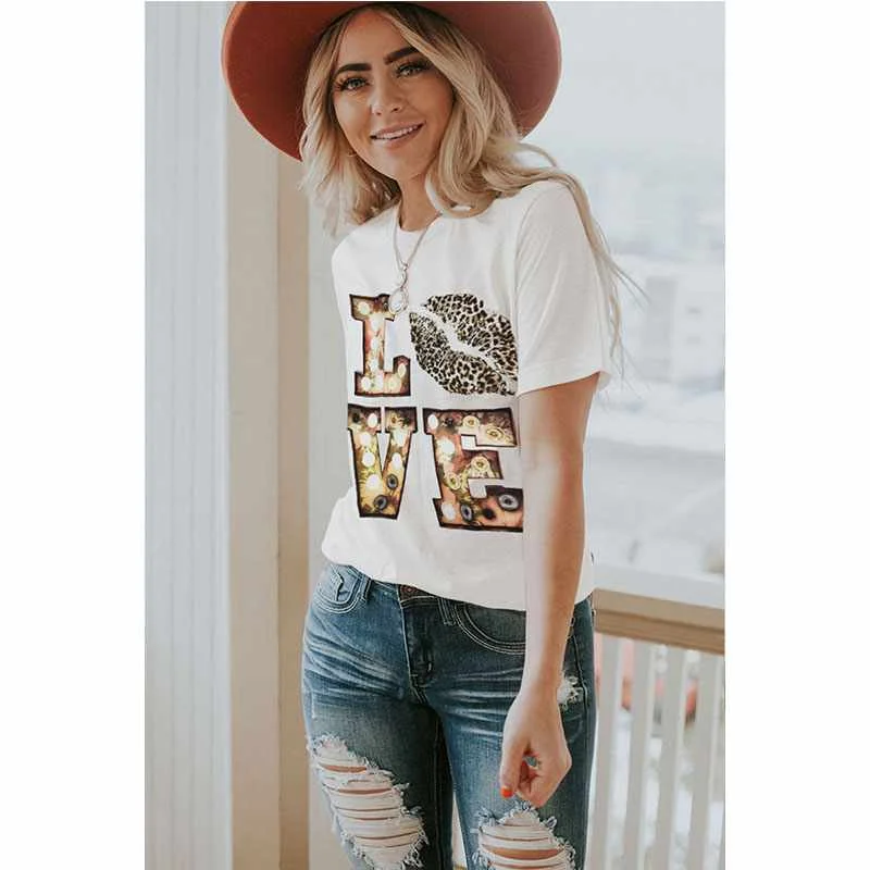 

Women's T-shirt Printed Love Round Neck Short Sleeve Women's Top