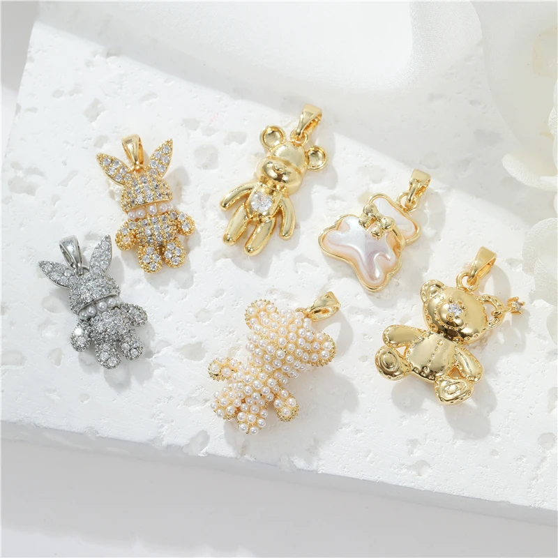 

Jiexing 14K Gold Plate Cubic Zirconia Rabbit Charms Pearl Bear Pendant Micro Inlaid Necklace Accessories Making Jewelry