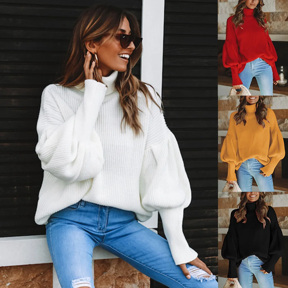 

2021 New Arrive Fashionable Knitting High Quality Solid Color Turtleneck Lantern Sleeve Pullover Women Winter Sweaters
