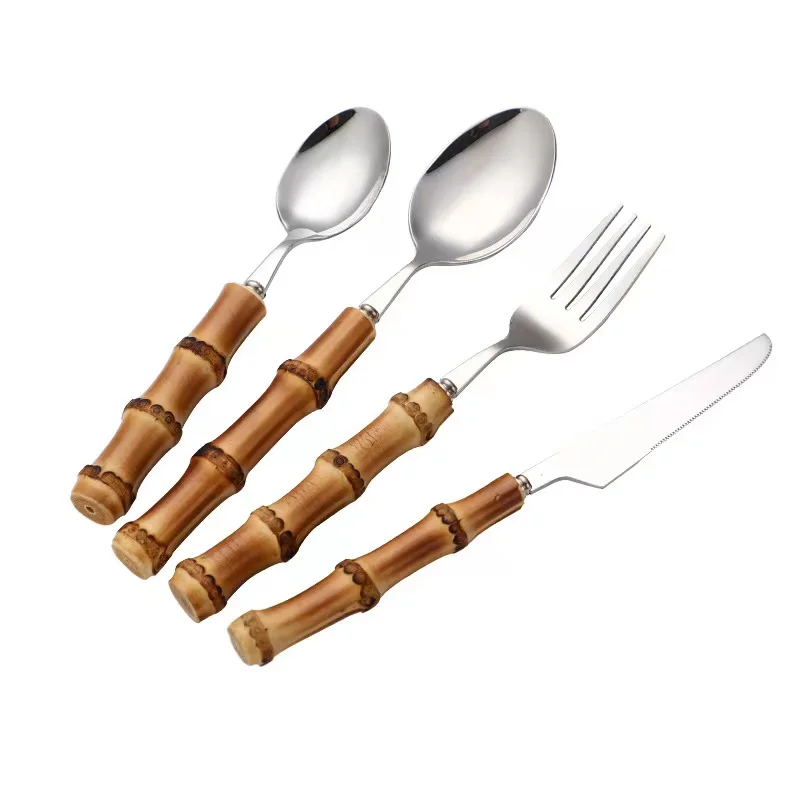 

Bamboo Handle Flatware Knife Spoon Fork Set Stainless Steel Cutlery Set Silverware