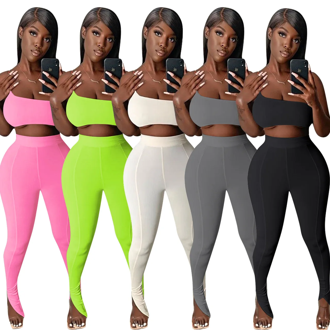 

Spring 2021 Two Piece Pants Set Women Two Piece Sets Solid Color Crop Top Sexy One Shoulder Pants Set