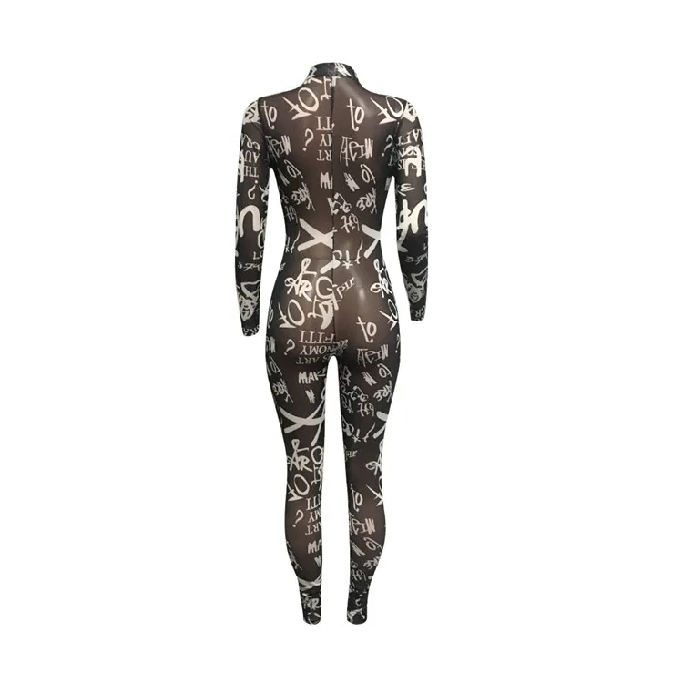 Latest Design Lady Rompers See Through Letter Print Club Wear One Piece Long Bodycon Sexy Women Jumpsuits