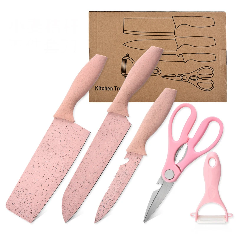 

5 pcs/set wheat straw handle non-stick coating stainless steel kitchen knife sets, Pink/blue