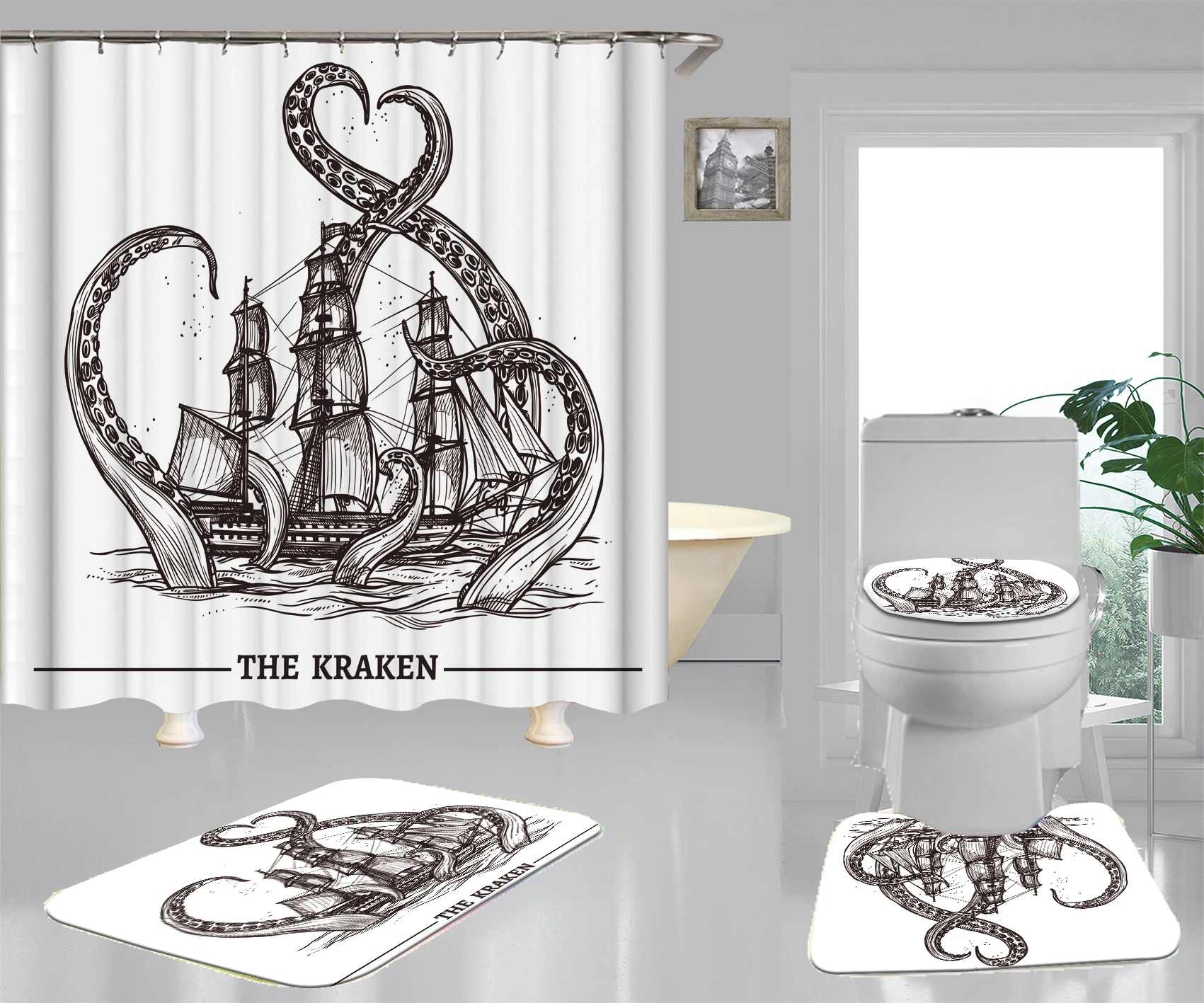 

Kraken Sailing Boat Printed Shower Curtain Toilet Seat Cushion Sets White Waterproof Shower Curtain