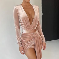 

Deep V Neck Tie-wrap Pink Long Sleeve Velvet Dress For Women